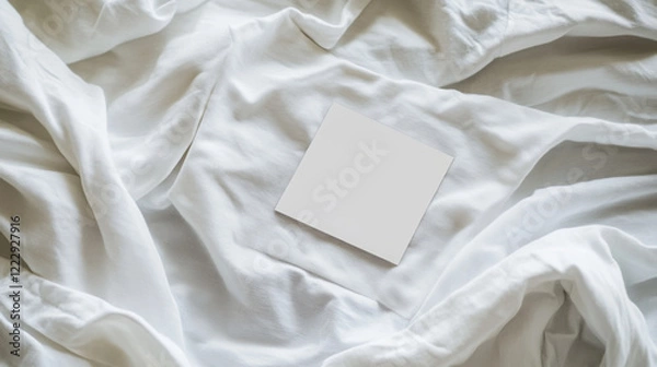 Obraz Blank White Card Mockup on Wrinkled White Linen Bed Sheets Elegant Minimalist Branding Design       