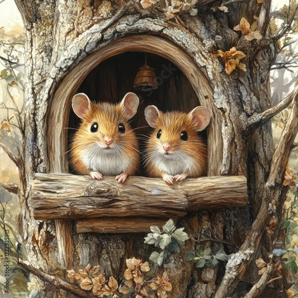 Fototapeta Two adorable mice peeking out from a rustic tree hollow surrounded by autumn foliage in a serene forest