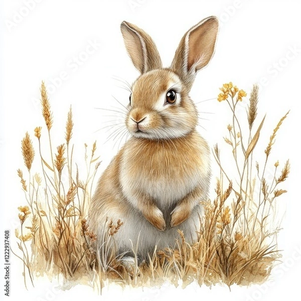Fototapeta A cute rabbit stands amidst golden grasses and wildflowers, showcasing a serene natural habitat