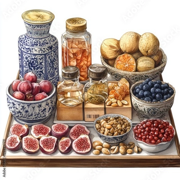 Obraz A vibrant display of assorted fruits, nuts, and jars on a decorative tray, showcasing a rich variety of textures