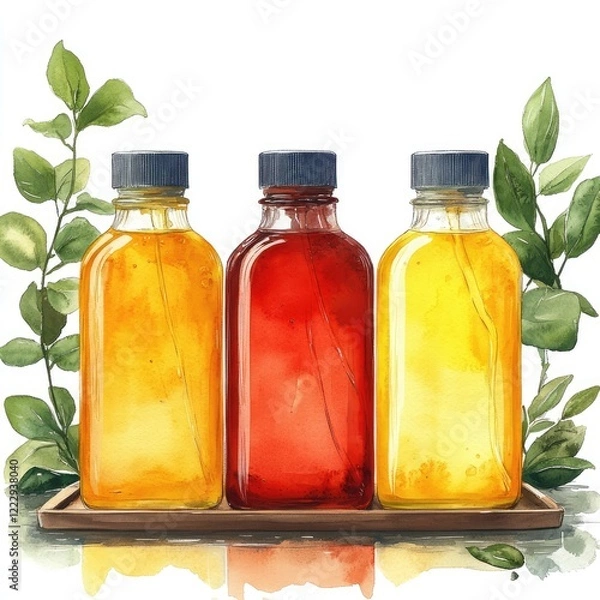 Fototapeta Three vibrant bottles of juice arranged on a wooden tray surrounded by green leaves, showcasing freshness
