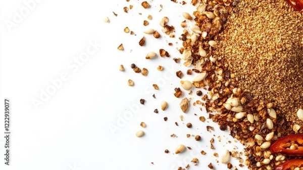 Fototapeta Chili powder and seeds scattered on a white background with fresh chili slices and empty space for culinary or seasoning text usage