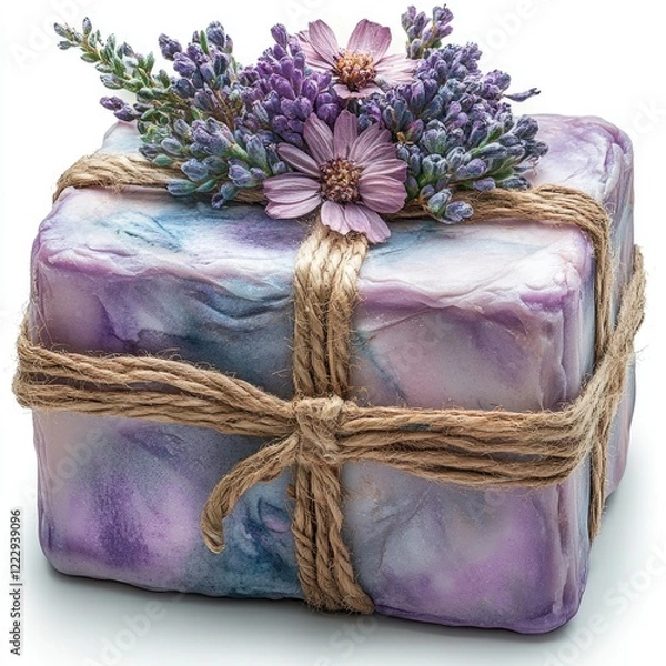 Fototapeta A beautifully wrapped gift box adorned with lavender flowers and twine, set against a clean background