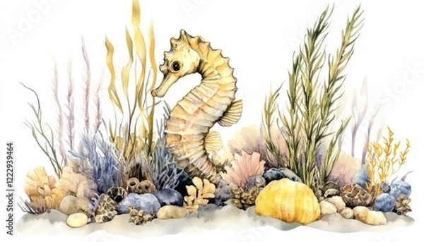 Fototapeta A detailed watercolor illustration of a seahorse surrounded by vibrant marine plants and coral