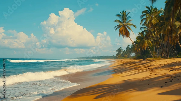 Fototapeta serene tropical beach with soft waves, golden sand, and palm trees swaying gently in breeze creates peaceful atmosphere