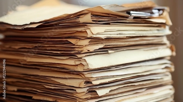 Fototapeta A stack of blank vintage papers layered on an aged background with a sepia tone, offering an old-world charm for creative projects or designs. The rustic textures evoke history and nostalgia.