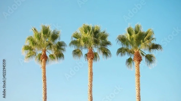 Fototapeta Palm trees silhouetted against a bright blue sky providing ample space for text and design elements in a tropical setting