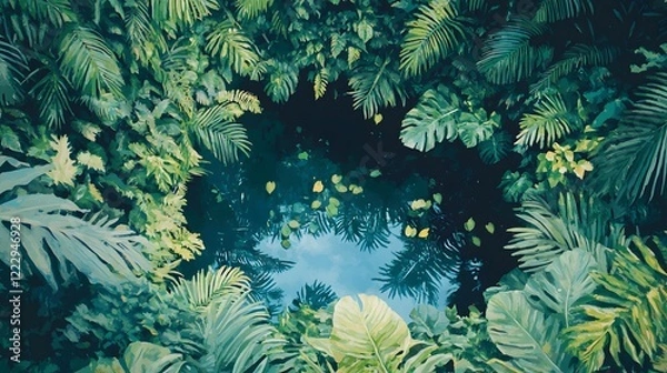 Fototapeta Lush greenery framing a tranquil blue pool, vibrant foliage surrounding serene water, perfect for relaxation themes.