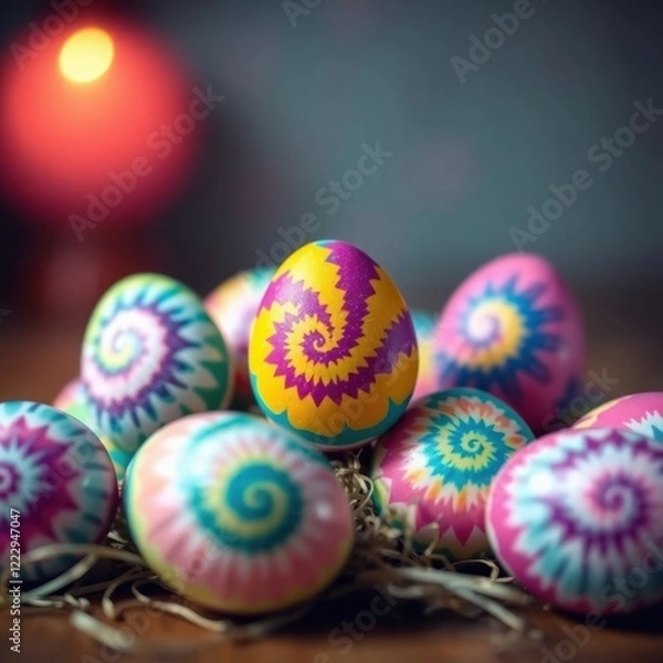 Fototapeta Colorful hand-painted eggs create a vibrant display for spring festivities during the Easter celebration