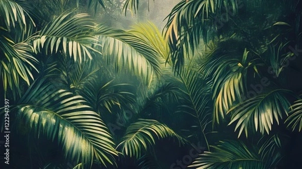 Fototapeta Lush green foliage in a serene setting, vibrant tropical plants creating a calming atmosphere, perfect for nature themes.