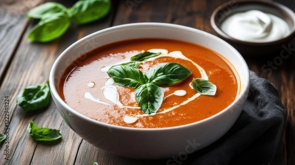Fototapeta A classic and comforting bowl of creamy tomato bisque with a swirl of cream and fresh basil leaves, served in a white ceramic bowl, Soup centered