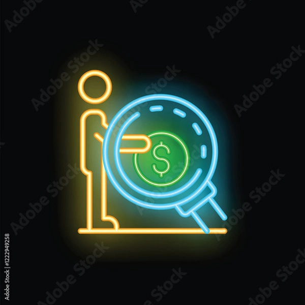 Fototapeta Neon sign representing a businessman holding a magnifying glass focusing on a dollar coin, a concept for searching for new financial opportunities