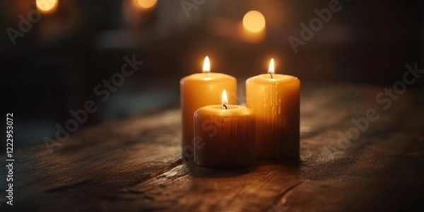 Obraz Romantic dining table setting with lit candles creating an intimate atmosphere and ample space for personalized text or invitations