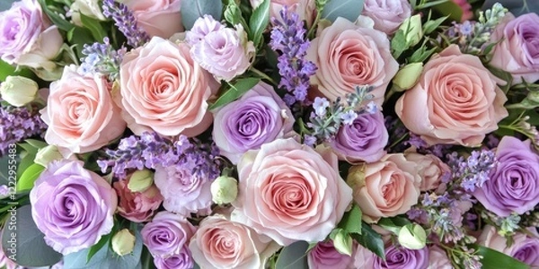 Obraz Elegant floral arrangement featuring soft pink and lavender roses with lush greenery and ample empty space for personalized text placement