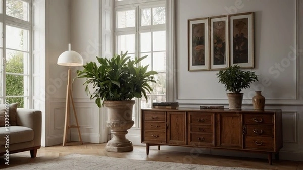 Fototapeta Potted Plants on Antique Cabinet in Bright Living Room