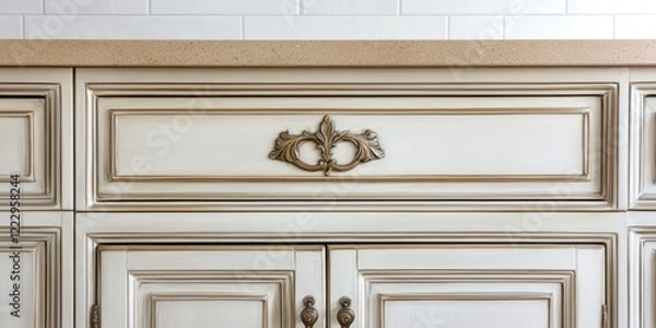 Fototapeta Elegant hand painted antique French country kitchen cabinets featuring ornate design and ample empty space for text placement