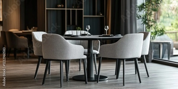 Fototapeta Elegant cafe dining setup with modern chairs and empty space for text or branding in a contemporary interior setting.
