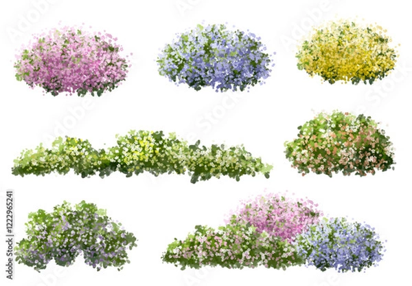 Fototapeta Vertor set of spring blossom tree,blooming plants side view  for landscape elevation and section,eco environment concept design,watercolor shrub illustration,colorful season