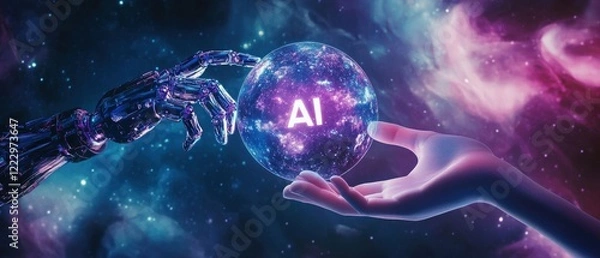 Fototapeta AI, digital interaction and futuristic technology with robotic hand touching a glowing sphere in cosmic space. Innovation, creativity and artificial intelligence concept.
