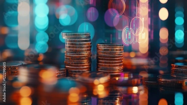 Obraz Coins stacked on a table with luminous background, representing investment, savings, and financial growth in digital economy, cryptocurrency, and revenue generation.