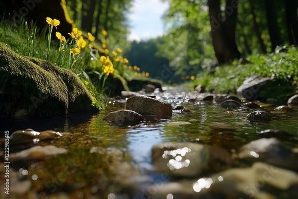 Fototapeta Serene Forest Stream, tranquil water flowing over mossy rocks, lush greenery surrounding, inviting atmosphere, immersive perspective, deep natural beauty