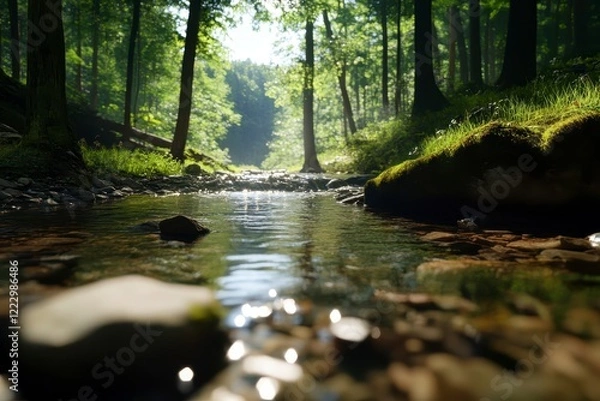 Fototapeta Tranquil forest stream, mossy rocks, lush greenery, immersive low angle perspective, serene atmosphere, gentle water flow, vibrant ecosystem