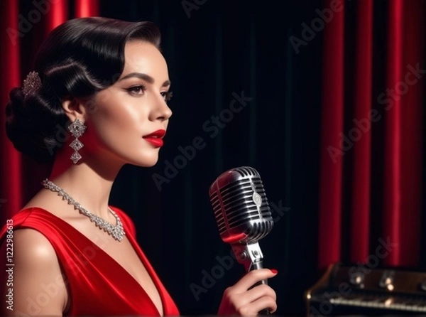 Obraz Vintage glamour captures a beautiful woman in an elegant red dress singing with a classic microphone on stage