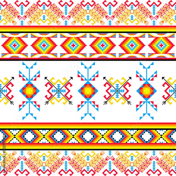 Obraz a vibrant geometric pattern inspired by traditional tribal designs. It uses red, yellow, blue, and black colors, with symmetrical shapes like diamonds, arrows, zigzags. Vector ethnic Navajo seamless.