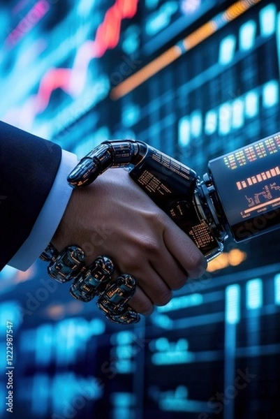 Fototapeta Handshake between human and robotic hand symbolizing partnership in finance, technology and innovation in the stock market. Digital trading and AI collaboration concept.
