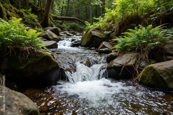 Fototapeta Mountain stream cascading through lush green ferns