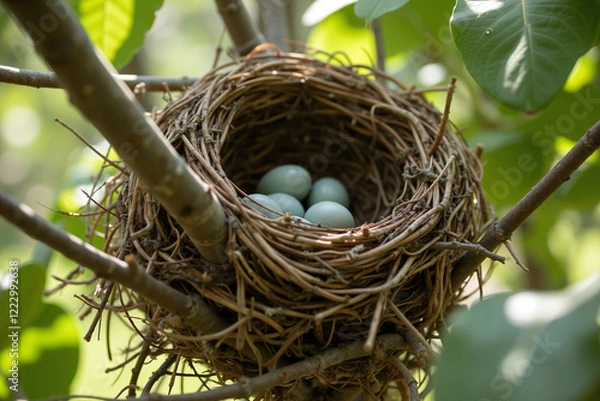 Fototapeta Bird's nest with eggs in tree branch at sunrise