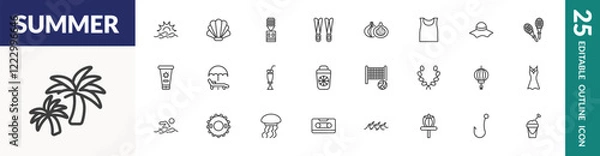 Fototapeta outline summer icons set. editable linear sun at sea, dispenser, fig, and other 22 icons in this category isolated on transparent background.