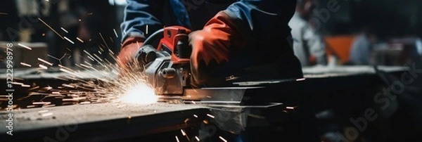 Fototapeta Close-up of a worker using an angle grinder on metal, producing bright sparks in a workshop setting. Industrial metalworking and craftsmanship. 