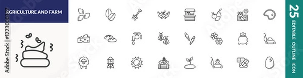 Fototapeta outline agriculture and farm icons set. editable linear seed, farming fork, stall, and other 22 icons in this category isolated on transparent background.
