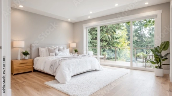 Fototapeta Modern bedroom with large window, forest view, and light wood floors