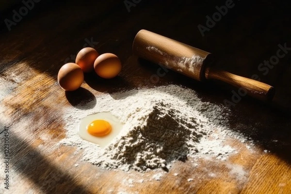 Fototapeta Baking preparation with eggs flour on wooden table