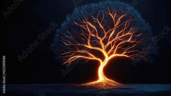 Fototapeta A glowing tree with fiery branches stands out against a dark background, creating a striking contrast and an ethereal atmosphere.