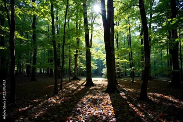 Fototapeta Sunlit forest floor with dappled light and fallen leaves