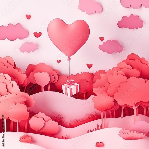 Fototapeta Romantic Valentine's Day illustration featuring heart-shaped balloon floating in sky above forest landscape with gift box descending. Pink color palette, heart-shaped clouds, red heart trees, paper ar