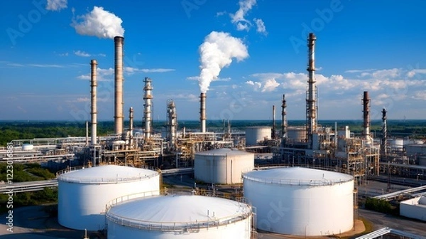 Obraz Aerial overhead view of a large scale oil refinery facility with multiple towering storage tanks intricate network of pipelines