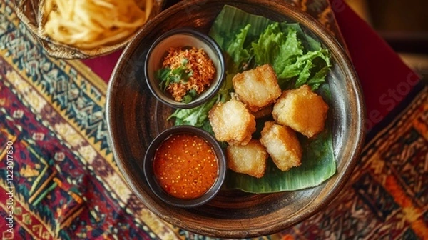 Fototapeta A colorful composition of fried pork belly with a side of spicy sauce, arranged beautifully on a vibrant tablecloth, promoting a festive dining experience