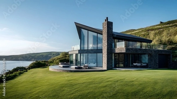 Fototapeta Breathtaking contemporary luxury villa with large glass windows and walls showcasing stunning panoramic views of the open ocean and coastline from atop a scenic cliffside