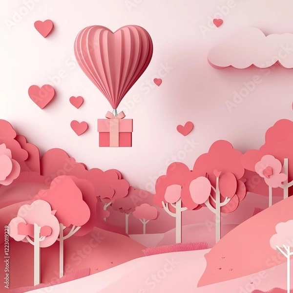 Fototapeta Romantic Valentine's Day illustration featuring heart-shaped balloon floating in sky above forest landscape with gift box descending. Pink color palette, heart-shaped clouds, red heart trees, paper ar
