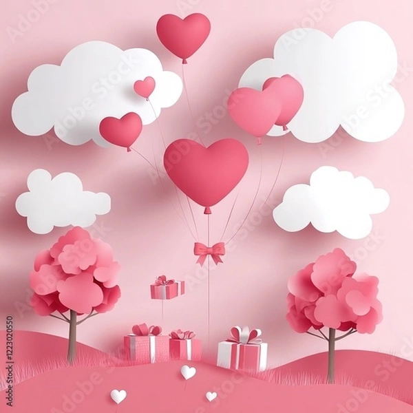 Fototapeta Romantic Valentine's Day illustration featuring heart-shaped balloon floating in sky above forest landscape with gift box descending. Pink color palette, heart-shaped clouds, red heart trees, paper ar