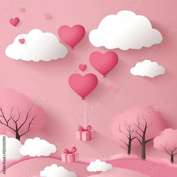 Fototapeta Romantic Valentine's Day illustration featuring heart-shaped balloon floating in sky above forest landscape with gift box descending. Pink color palette, heart-shaped clouds, red heart trees, paper ar