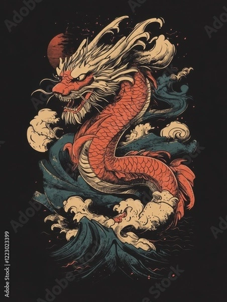 Fototapeta Majestic Dragon Rising from Waves in Vibrant Traditional Art
