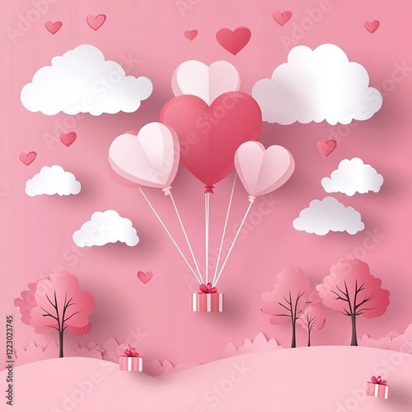 Fototapeta Romantic Valentine's Day illustration featuring heart-shaped balloon floating in sky above forest landscape with gift box descending. Pink color palette, heart-shaped clouds, red heart trees, paper ar