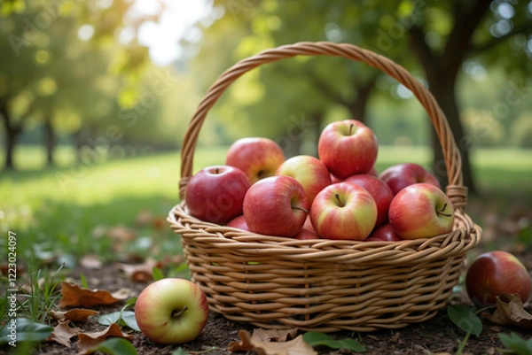 Fototapeta Basket of fresh apples in sunlit orchard with fallen leaves