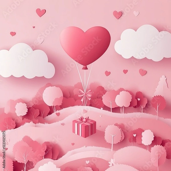 Fototapeta Romantic Valentine's Day illustration featuring heart-shaped balloon floating in sky above forest landscape with gift box descending. Pink color palette, heart-shaped clouds, red heart trees, paper ar