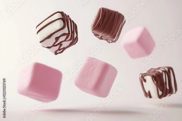 Fototapeta Colorful Marshmallows Falling with Chocolate Drizzle on White Background